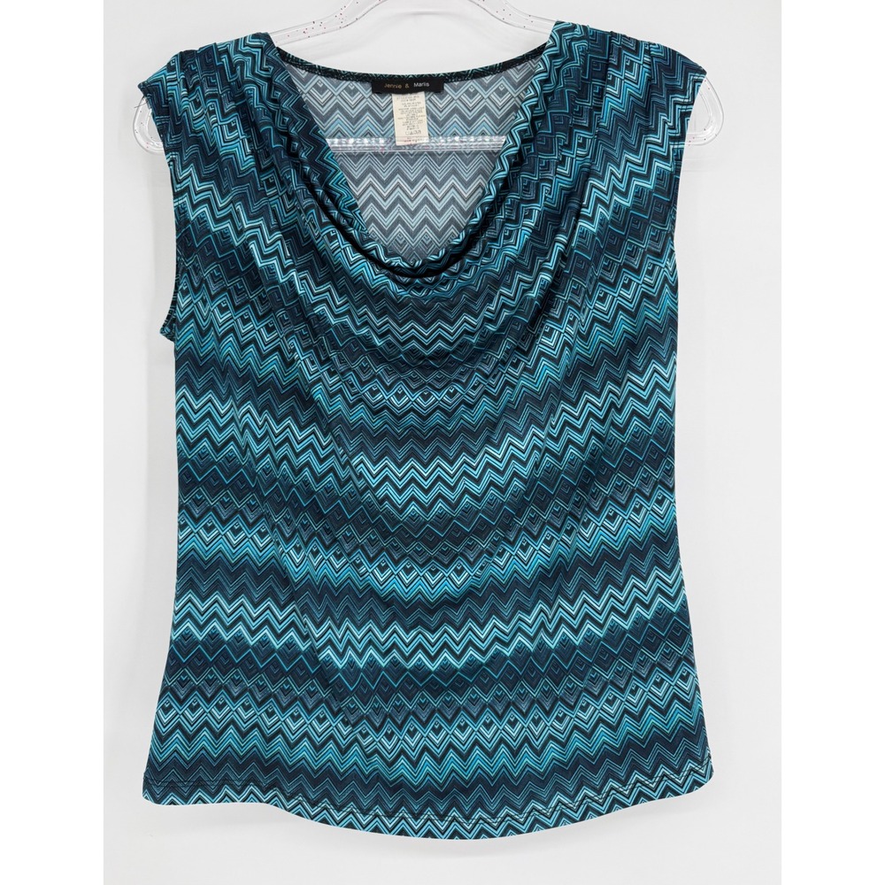 Jennie & Marlis Womens Teal Chevron Cowl Neck Sleeveless Blouse Sz M